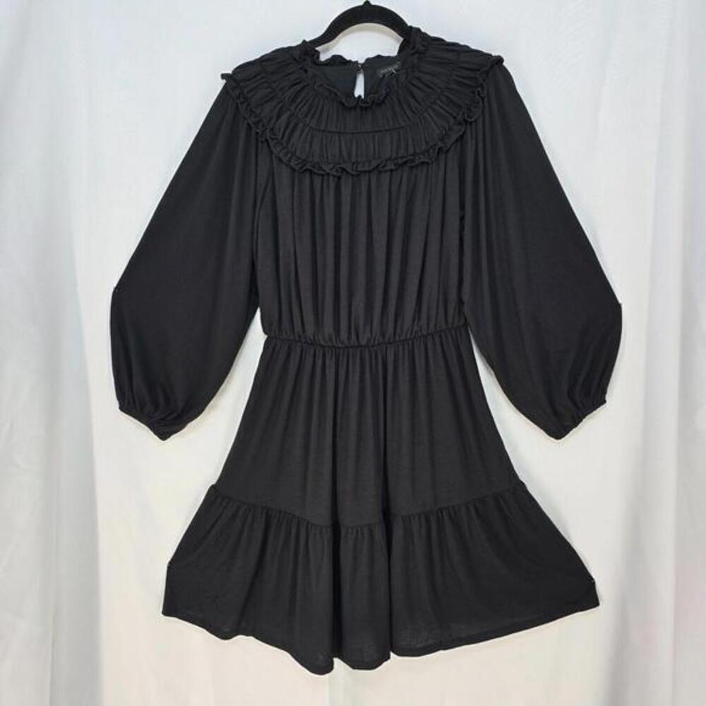 Ann Taylor Dress Woman Small Black Ruffle Collar Flare Stretch Flowy Cottage Cor